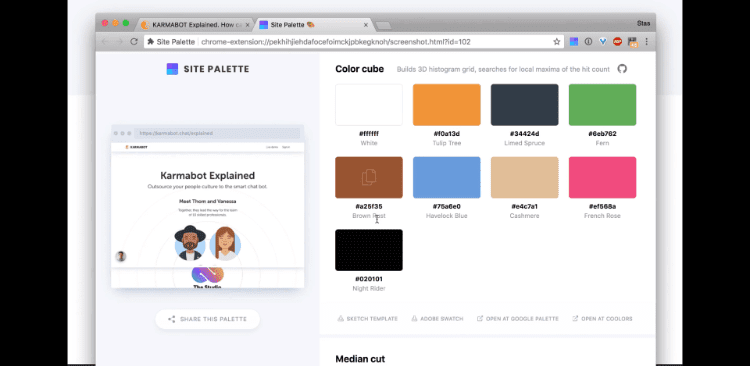  Site Palette demo with a variety of colors pulled from the Karmabot website. 