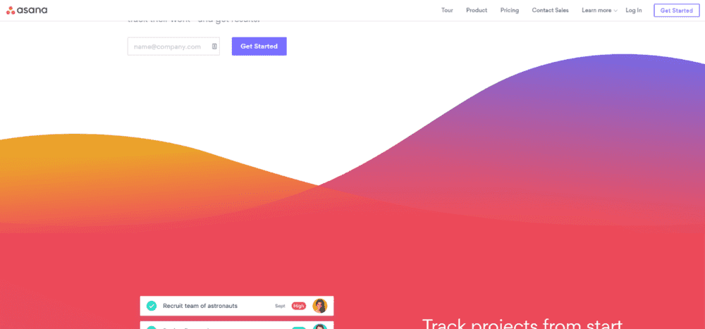  Asana's homepage uses a wavy gradient background made up of purple, red, and orange. 