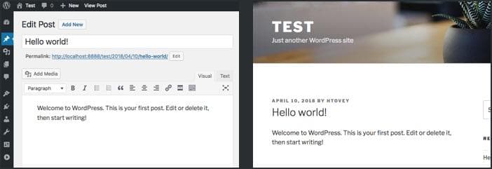  In WordPress, you use the back-end editor to write your blog post (left), but it looks different on your actual website (right). 
