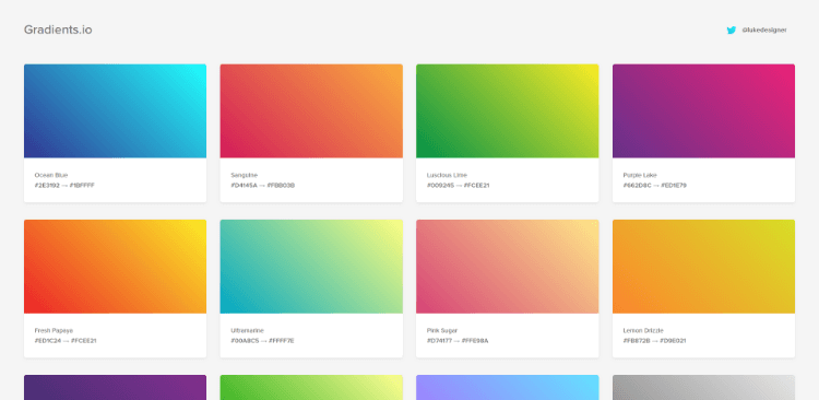  Gradients.io features a homepage with a variety of gradients ready to go. 