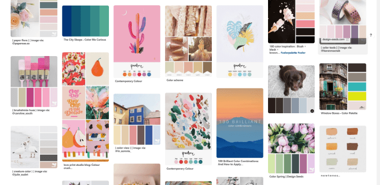  Pinterest board of a variety of color palettes including palettes focused on pink, blue, brown, green, etc. 