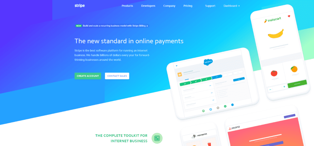  Stripe's homepage uses a blue to green background gradient. 