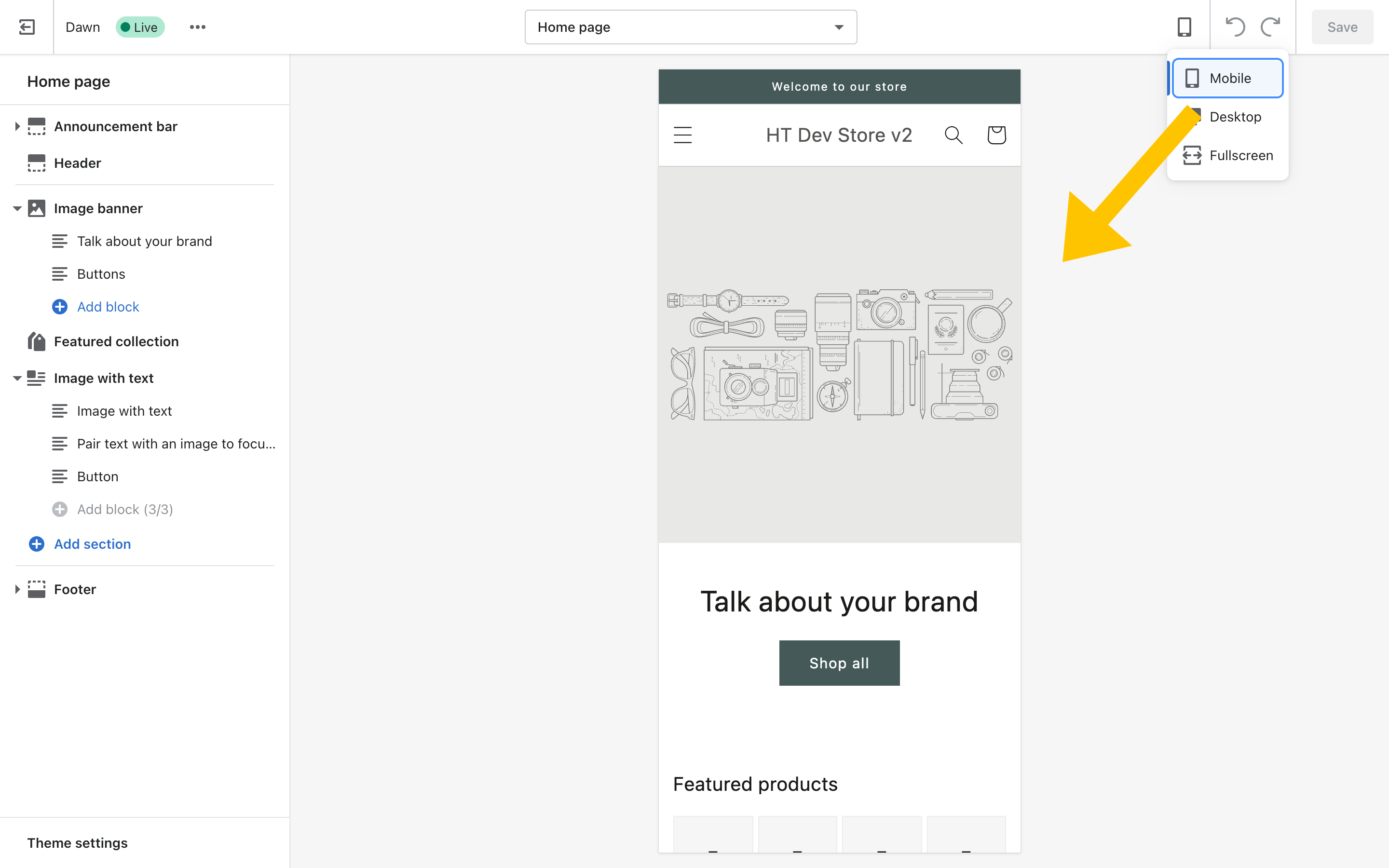 The default desktop view is replaced with a smaller version of the website seen through a frame shaped like a mobile device.