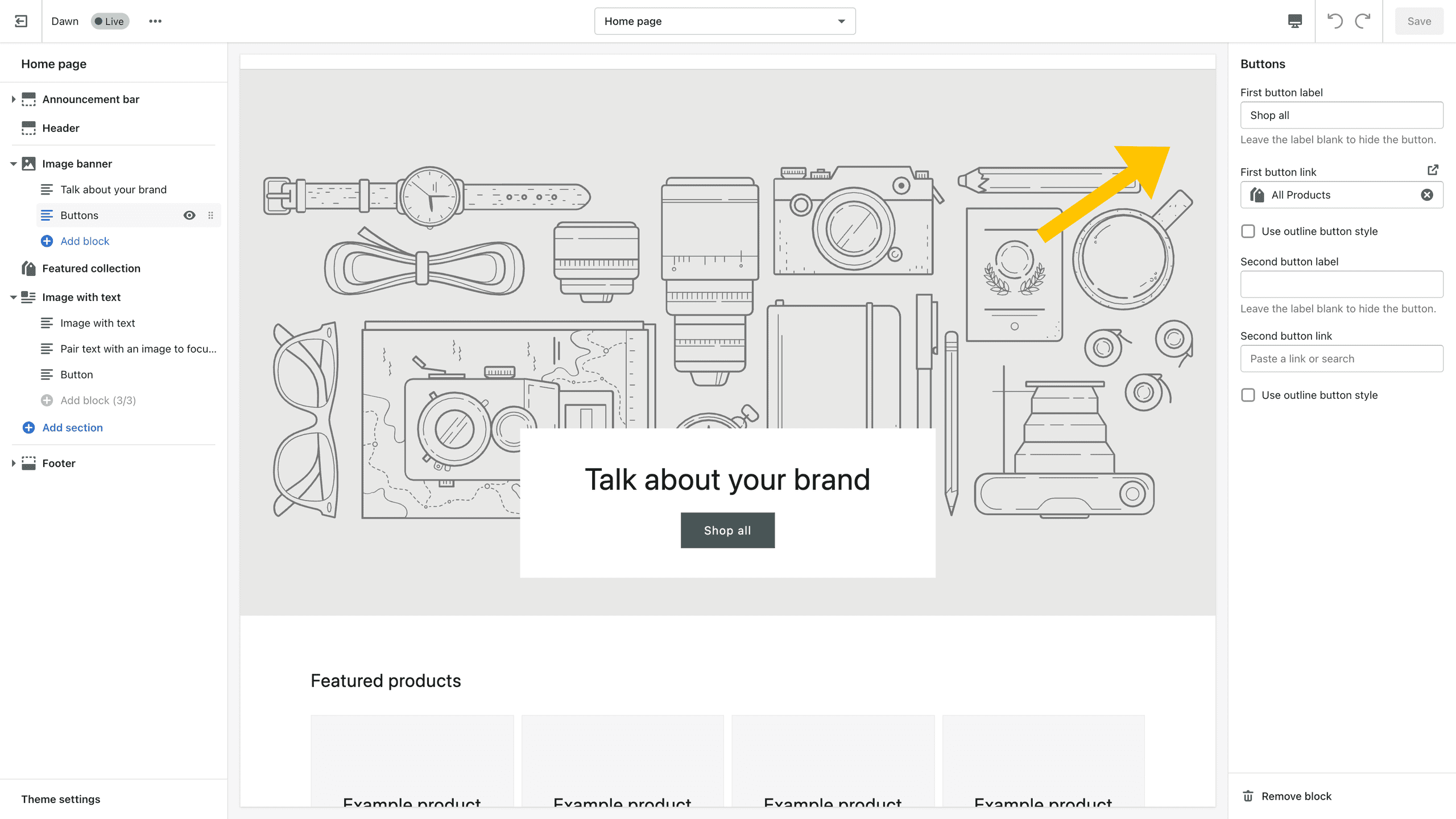 Arrangement of panels in the Theme Editor on a large screen. While the sections are listed in the left bar, specific section settings are listed in the right sidebar. For example, if you choose the Image Banner section in the left sidebar, the right sidebar shows settings associated with the Image Banner section including first image, second image, and focal point.