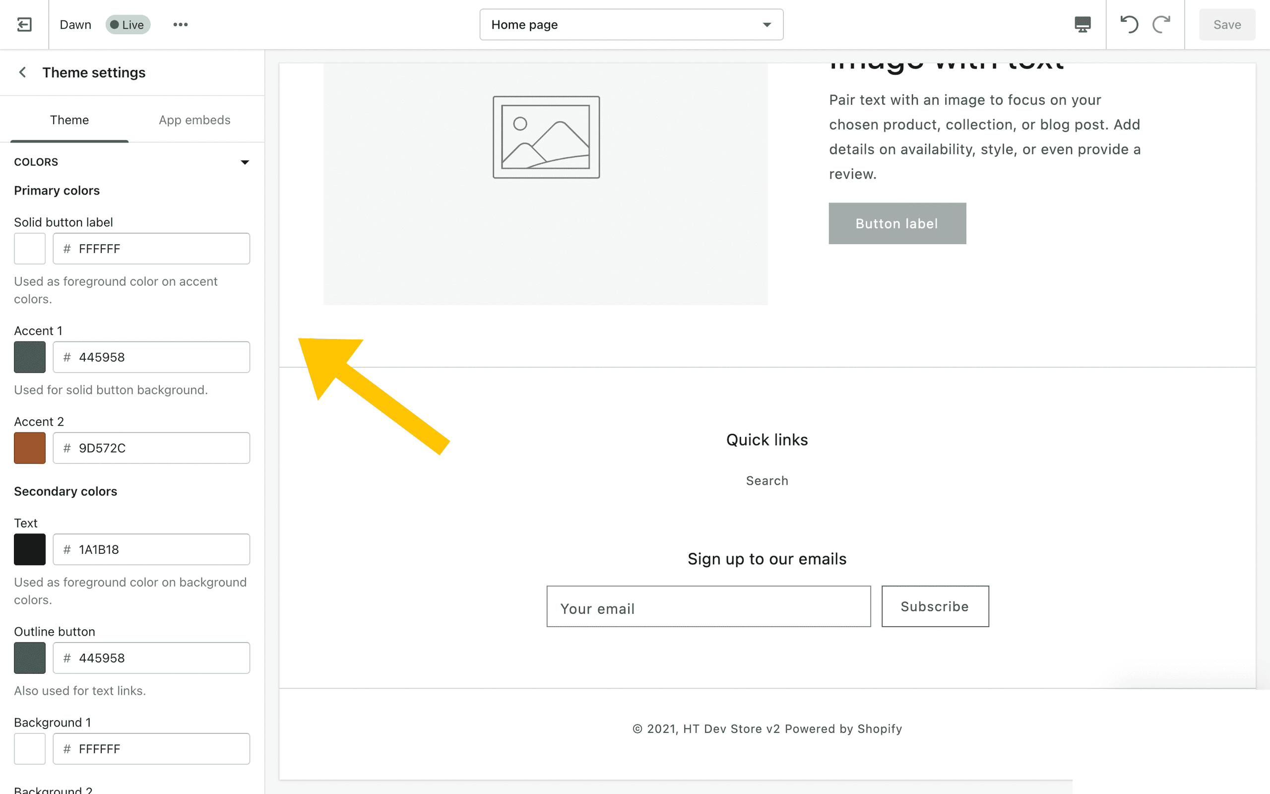 In Theme Settings, there is a Colors settings panel that includes Primary Colors (solid button label, accent 1 and accent 2, each with color pickers next to them) and Secondary Colors. The image gets cut off indicating there may be more settings below.